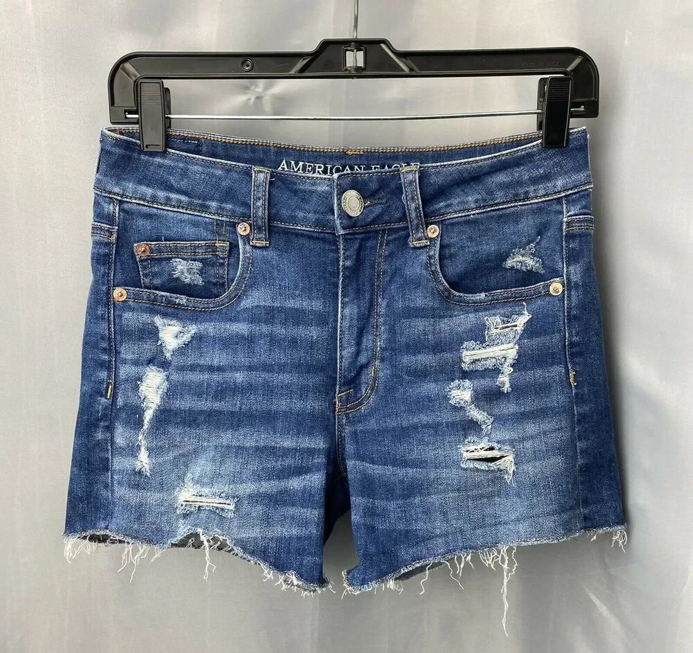 American Eagle Shorts 4 Hi-Rise Shortie Denim Jean Holes Raw Hems Distressed